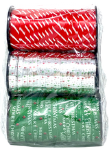 Load image into Gallery viewer, Celebrate A Holiday Christmas Curling Ribbon 3 Pack, Green, Metallic Silver, Red &amp; White Stripes, Christmas Holiday Party Crafts Supplies Decorations - 100 Yards Per Roll - 900 Feet Total Curly Ribbon
