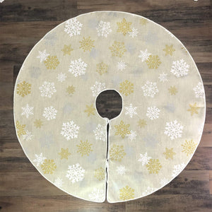 Celebrate A Holiday Christmas Tree Skirt - 50 Inch Diameter Golden, White and Silver Snow Flake Pattern for a Warm Traditional Look - Perfect Compliment to Your Christmas Decorations